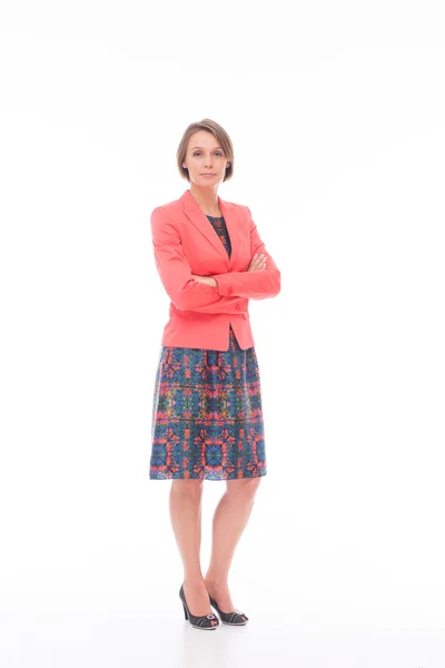 Woman in red suit on white — Stock Photo, Image