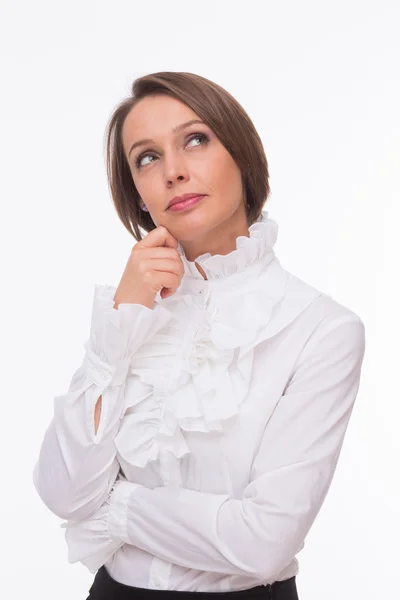 Бізнес-леді думають на білому — стокове фото
