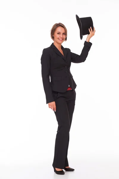 Business woman in suit play with bowler — Stock Photo, Image
