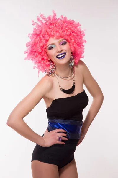 Woman in pink wig with silver ball — Stock Photo, Image