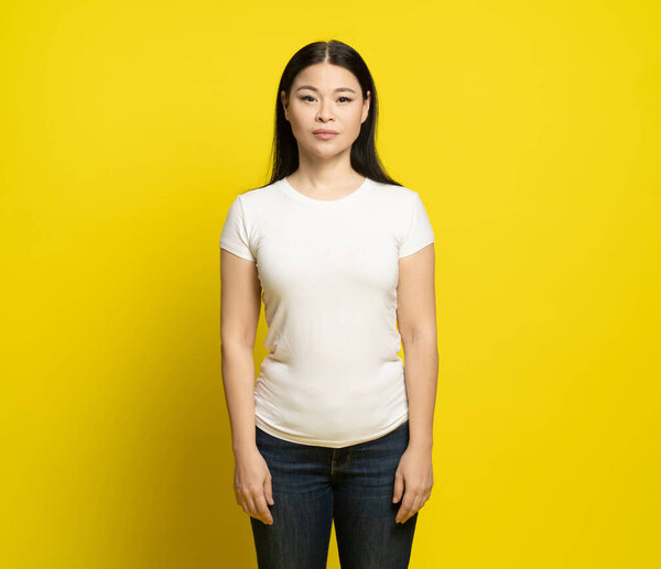 Sad Asian Woman Long Hair Wearing White Shirt Jeans Standing Stock Picture