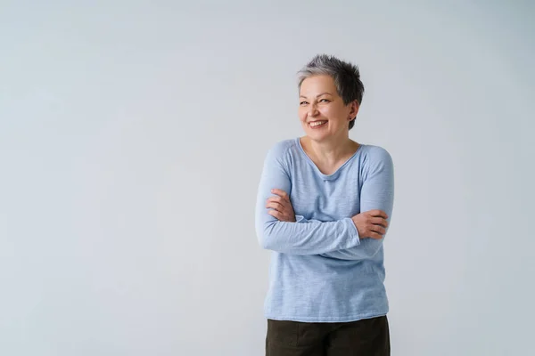 Feeling Chills Smiling Charming Mature Grey Hair Woman 50S Posing — Stock Photo, Image
