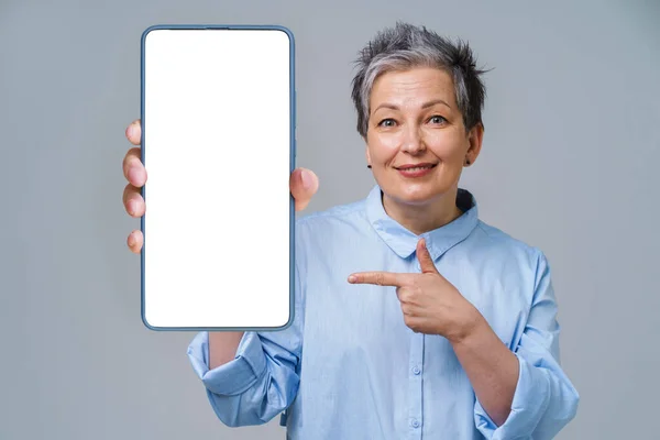 Mature Silver Grey Hair Woman Pointing Smartphone White Screen Holding — Photo