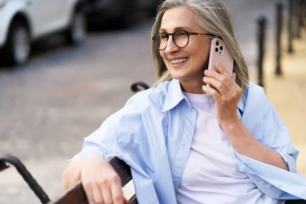 Enjoying Summer Time Mature Woman Grey Hair Talking Phone Holding — 图库照片