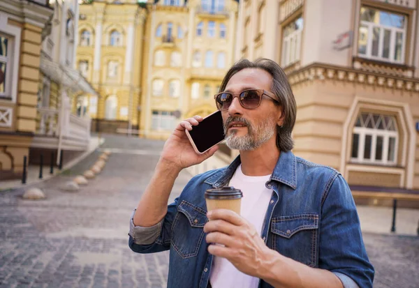 Talking Phone Middle Aged Silver Beard Man Holding Cup Coffee — Fotografia de Stock
