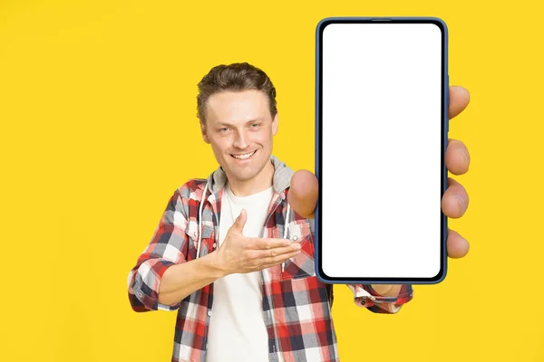 Introducing New App Happy Holding Giant Huge Smartphone White Screen — Foto de Stock