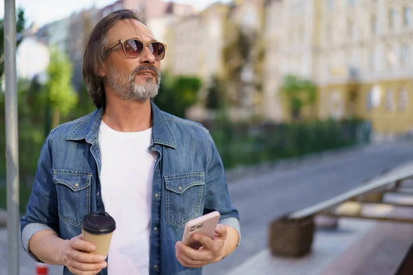 Middle Aged Man Got Distracted Mobile Phone Enjoying Coffee Outdoors — Stock Photo, Image