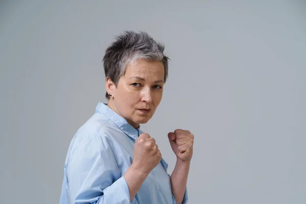 Frightened Woman Hands Put Fists Senior Woman Grey Hair Pose — Stock Fotó