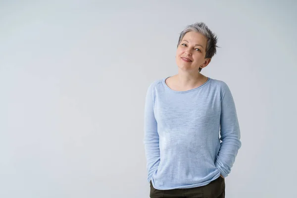 Happy Dreamy Mature Grey Haired Woman 50S Posing Tenderly Looking — Stok Foto