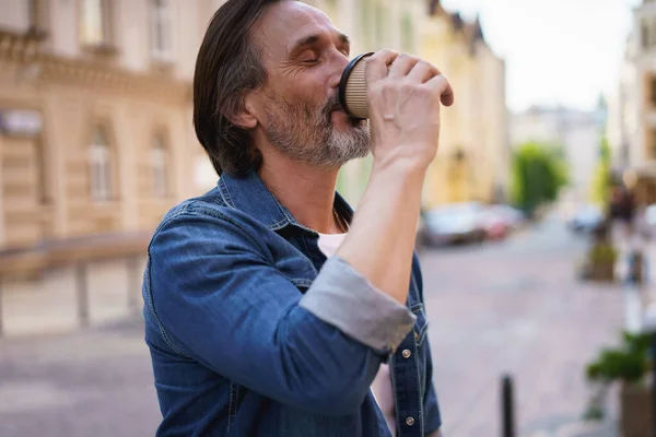 Enjoying His Coffee Handsome Middle Aged Man Grey Beard Denim — Stok Foto
