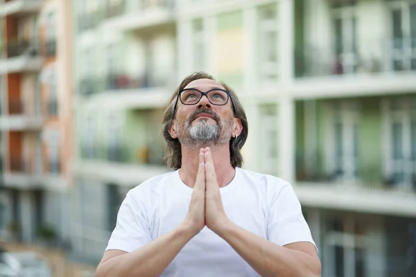 Giving Praise God Put Hands Together Mature Man Glasses Smile — Stock Photo, Image