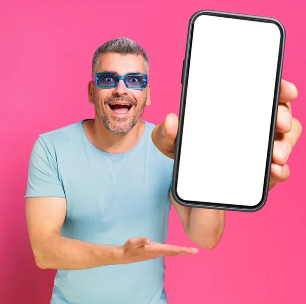 Handsome Excited Adult Man Guy 30S 40S Hold Huge Smartphone — Foto de Stock