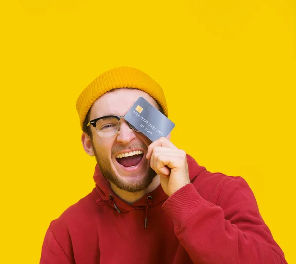 Young Guy Credit Debit Card Hand Happy Smiling Cover His — Stok Foto