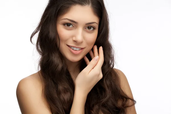 Portrait of young beautiful woman with hand — Stock Photo, Image