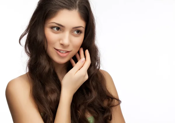 Portrait of young beautiful woman with hand — Stock Photo, Image