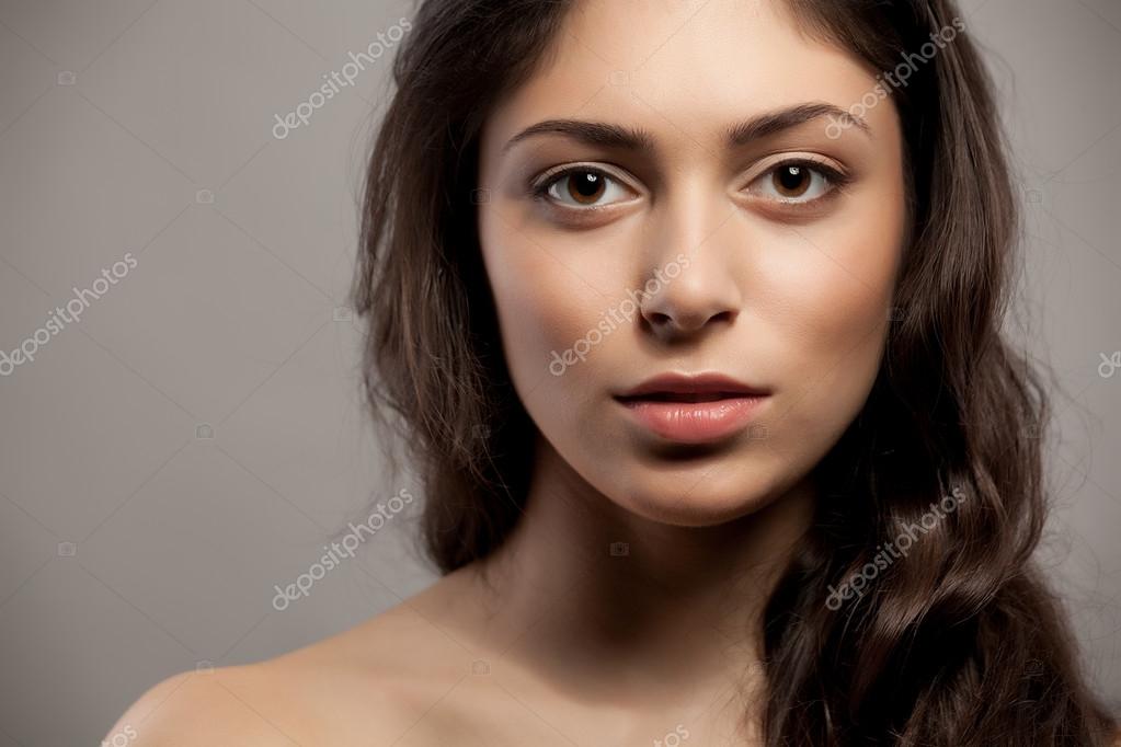 Close Up Front View Portrait Of A Beauty Young Female Face