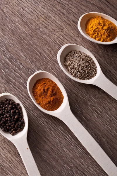 Spices on spoons — Stock Photo, Image
