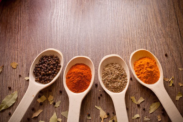 Spices on spoons — Stock Photo, Image