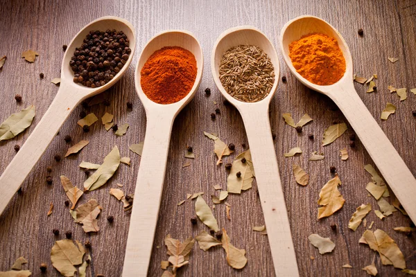 Spices on spoons — Stock Photo, Image