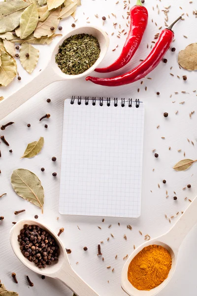 Spices, notebook, red chili pepper — Stock Photo, Image
