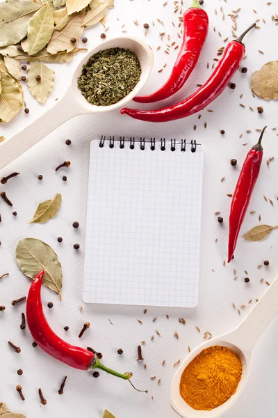 Spezie, taccuino, peperoncino rosso — Foto Stock