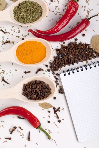 Quaderno, peperoncino rosso, spezie in cucchiai — Foto Stock