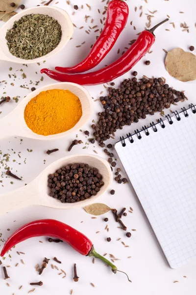 Notebook, red chilli pepper, spices in spoons — Stock Photo, Image