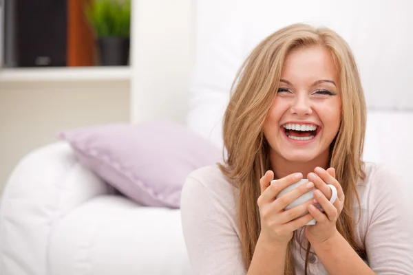 Woman with white cup — Stock Photo, Image