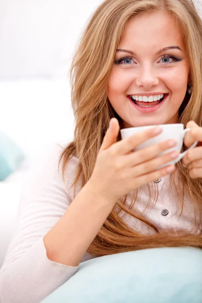 Woman with white cup — Stock Photo, Image