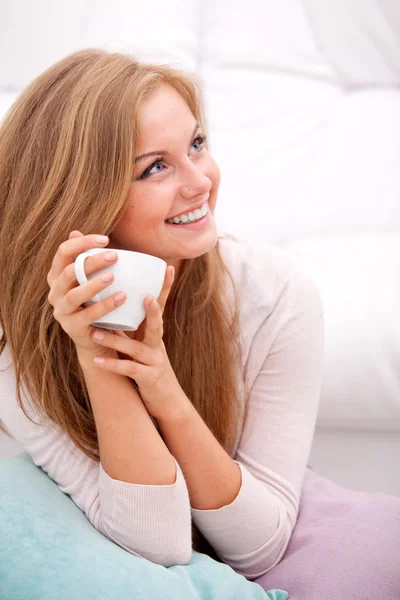 Woman holding white cup — Stock Photo, Image