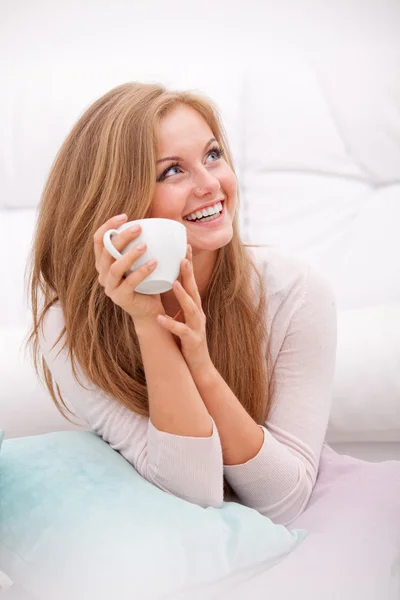 Woman holding white cup — Stock Photo, Image