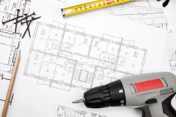 Blueprints with tools — Stock Photo, Image