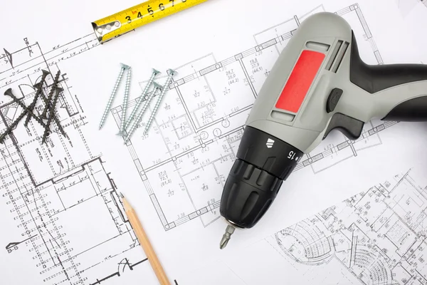 Blueprints with tools — Stock Photo, Image