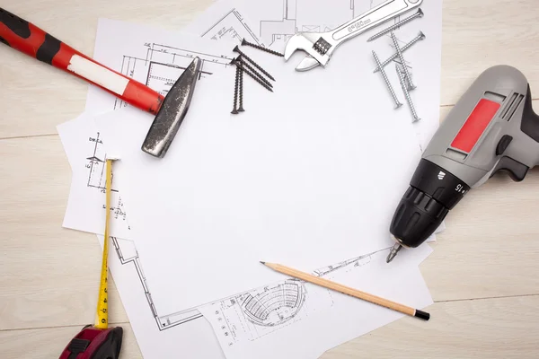 Blueprints with tools — Stock Photo, Image