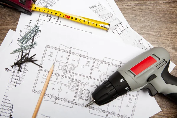 Blueprints with tools — Stock Photo, Image