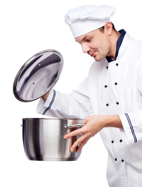 Chefe com panela na mão — Fotografia de Stock