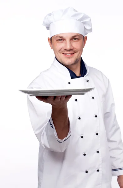 Chef segurando placa vazia — Fotografia de Stock
