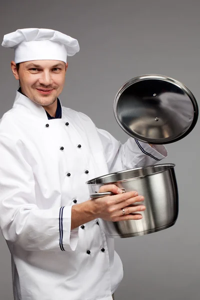 Chef cuisinier avec pot — Photo