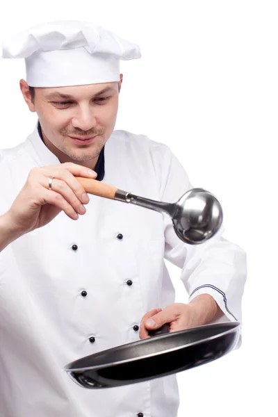 Chef-kok met pan en pollepel — Stockfoto