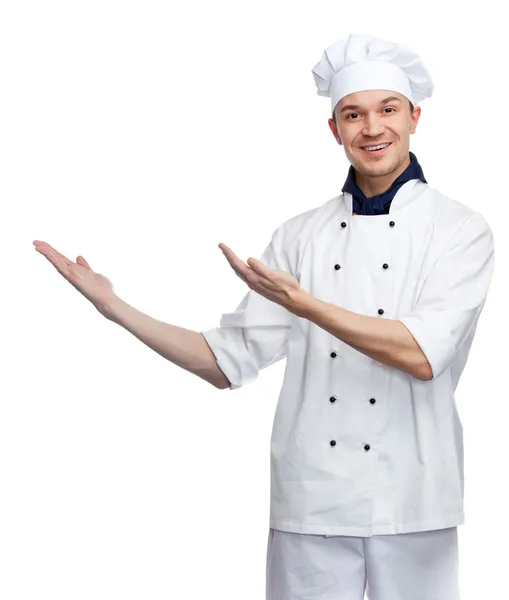 Chef feliz com gesto acolhedor — Fotografia de Stock