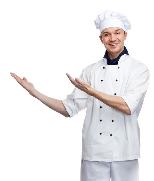 Gelukkige chef met welkomstgebaar — Stockfoto