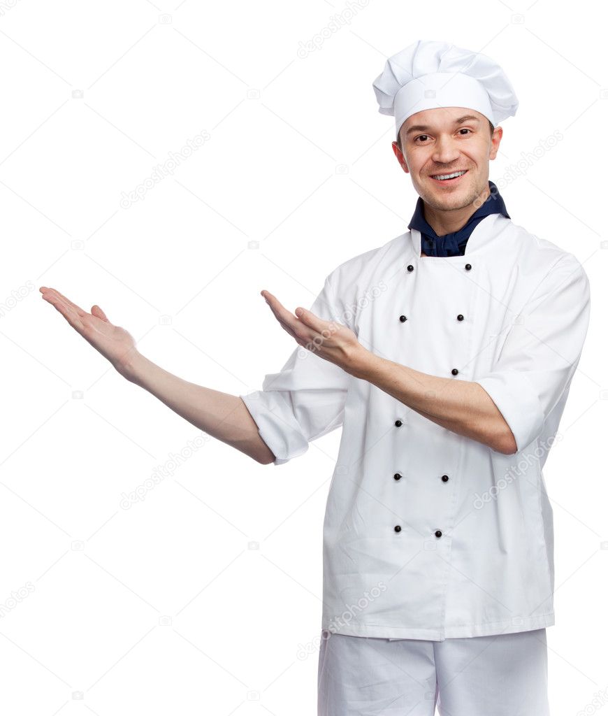 Happy chef with welcoming gesture