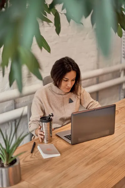 Mulher com bebida quente usando laptop — Fotografia de Stock