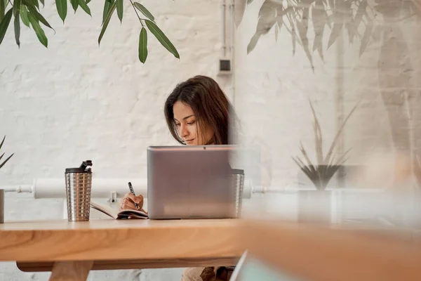 Kobieta freelancer robi notatki w notatniku — Zdjęcie stockowe