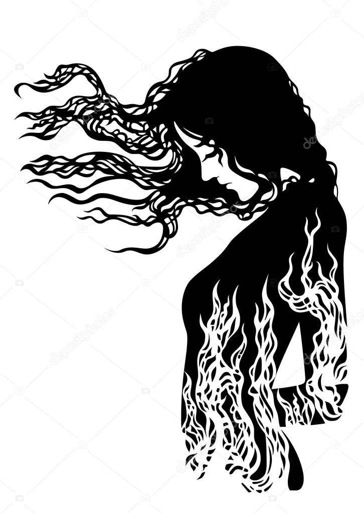 silhouette of a girl with flowing hair
