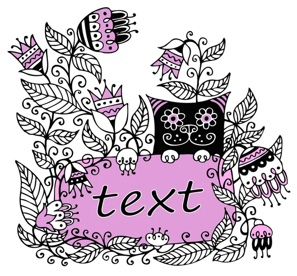 Blommig illustration med en rosa ram för text och en katt — Stock vektor