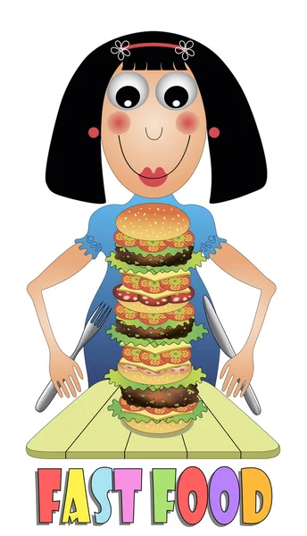女孩吃汉堡 — 图库矢量图片