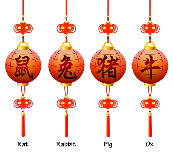 Çince semboller üzerinde fener. zodyak işaretleri. fare, tavşan, öküz, domuz. — Stok Vektör
