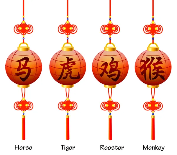 랜 턴에 중국 기호입니다. 표지판의 조디악 닭, 말, 원숭이, 호랑이 — 스톡 벡터
