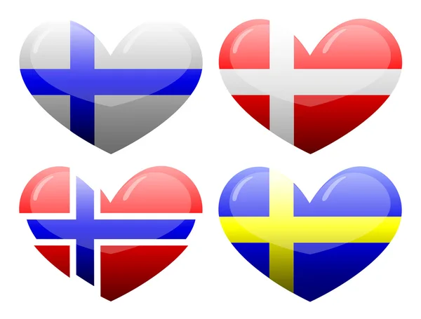 Vlajky Skandinávie v podobě srdce — Stockový vektor